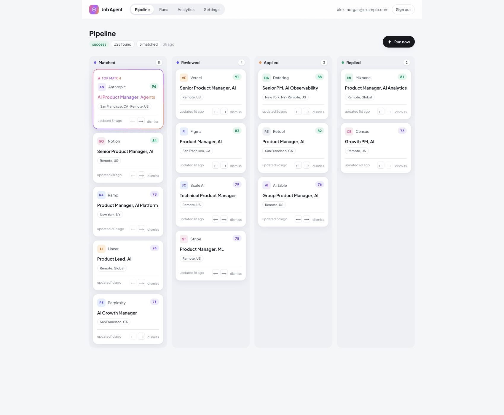 Job Agent pipeline board with the strongest match featured and a fit score on every card