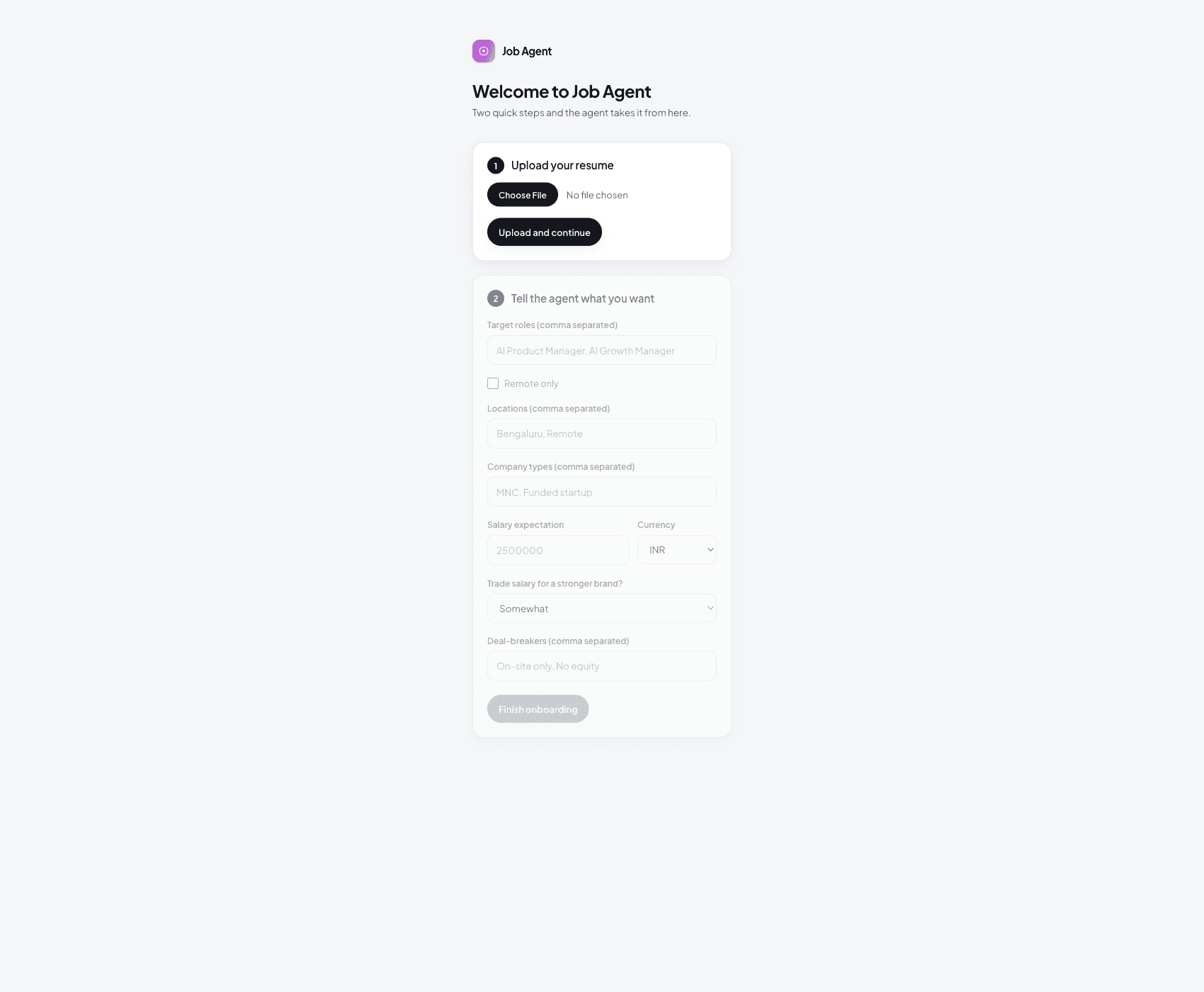 Onboarding: upload a resume and set target roles, locations, salary, company types and deal breakers