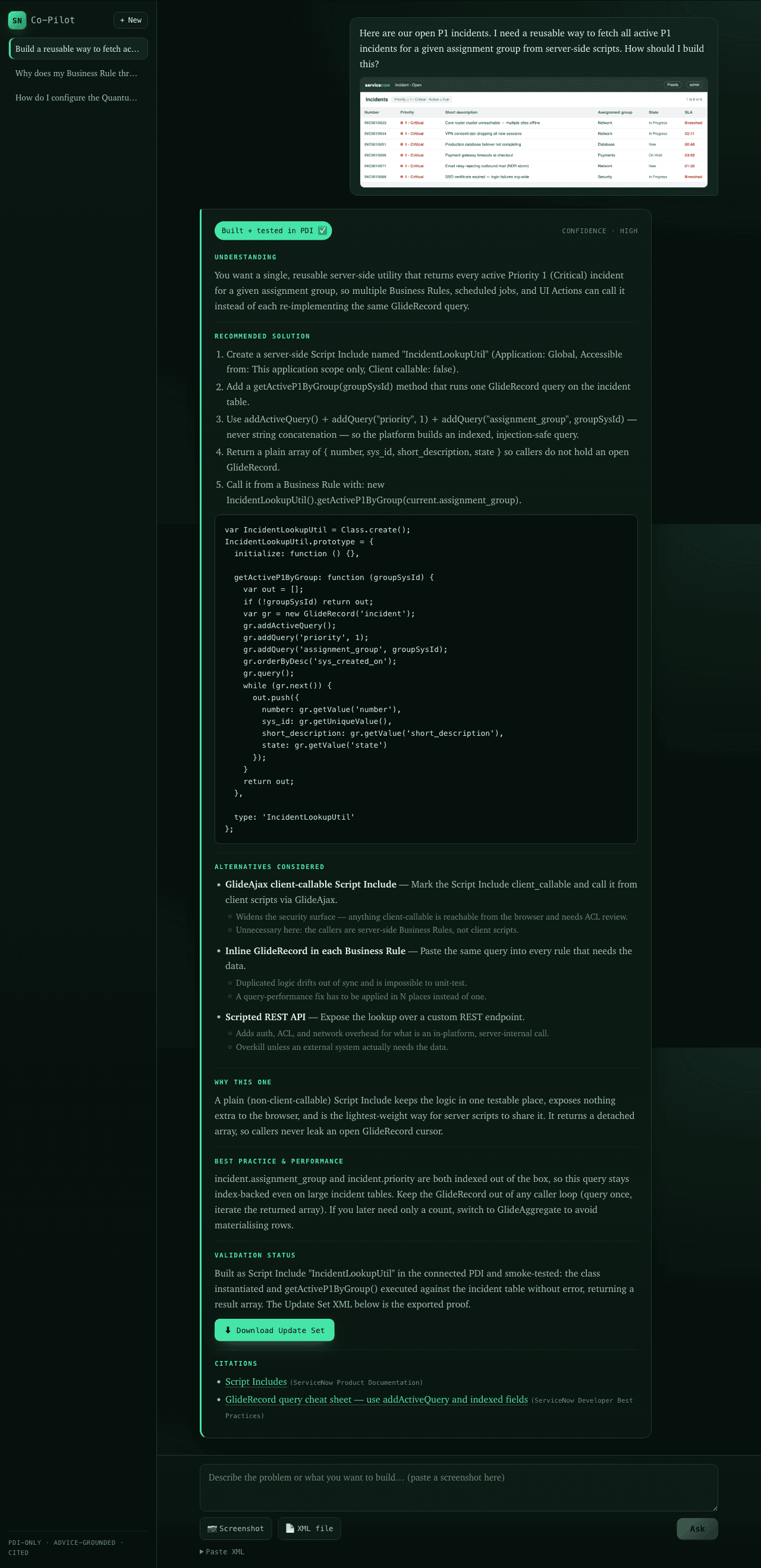 A buildable, lab validated answer with the Script Include code, alternatives considered, citations, a Built and tested in PDI badge, and a download Update Set button