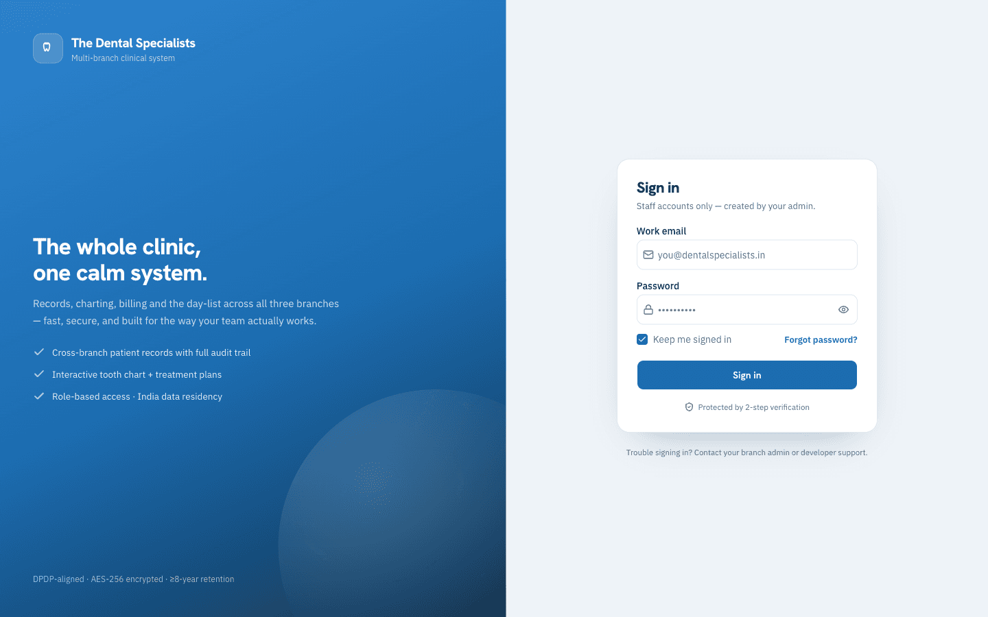 The Dental Specialists login screen, staff only, with a DPDP and encryption compliance promise in the footer