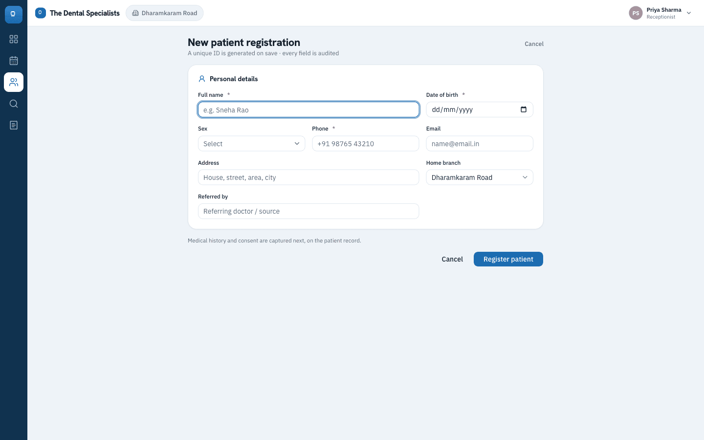 New patient registration form with a unique patient ID generated on save