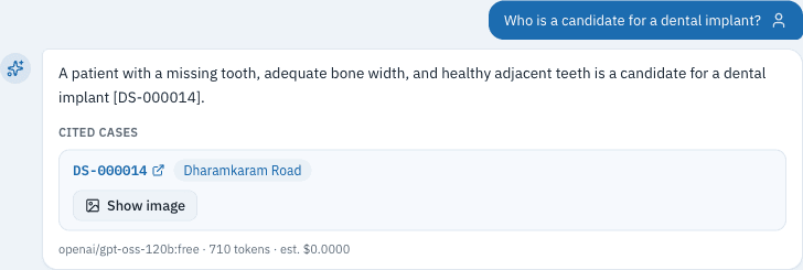 The case copilot answering a clinical question grounded in the clinic's records, with a citation and a de-identified case chip